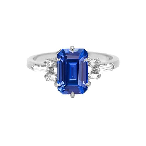 2.50 Carats Baguette Diamond Anniversary Emerald Blue Sapphire Ring