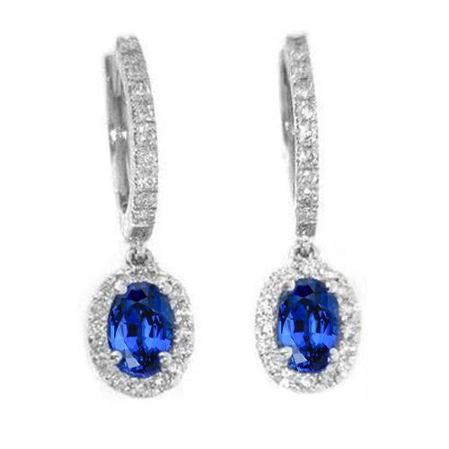 2.50 Carats Blue Oval Cut Sapphire Jewelry Diamond Drop Earring Gold