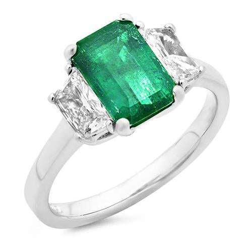 2.50 Carats Green Emerald And Diamond 3 Stone Ring White Gold 14K