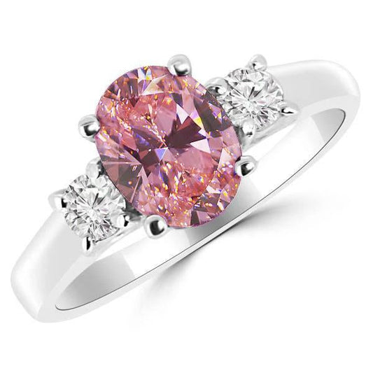 2.50 Carats Oval Pink Sapphire Diamond 3 Stone Ring White Gold 14K