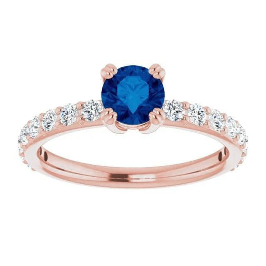 2.50 Carats Ring Rose Gold 14K Diamond & Round Blue Sapphire