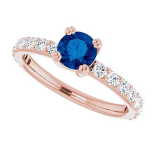 2.50 Carats Ring Rose Gold 14K Diamond & Round Blue Sapphire