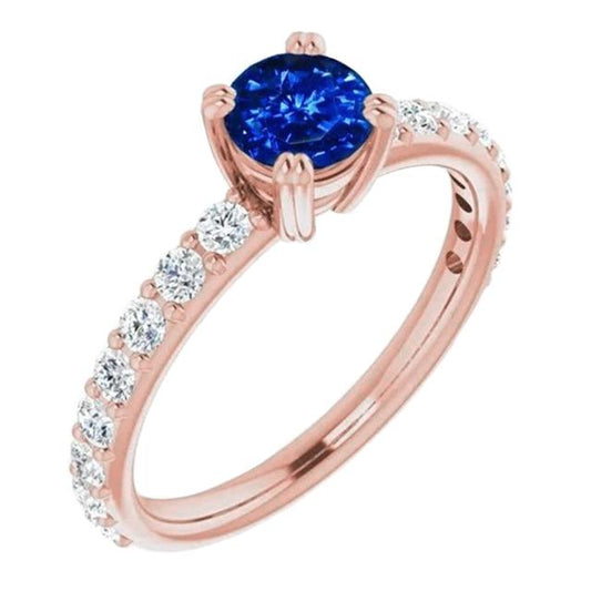 2.50 Carats Ring Rose Gold 14K Diamond & Round Blue Sapphire