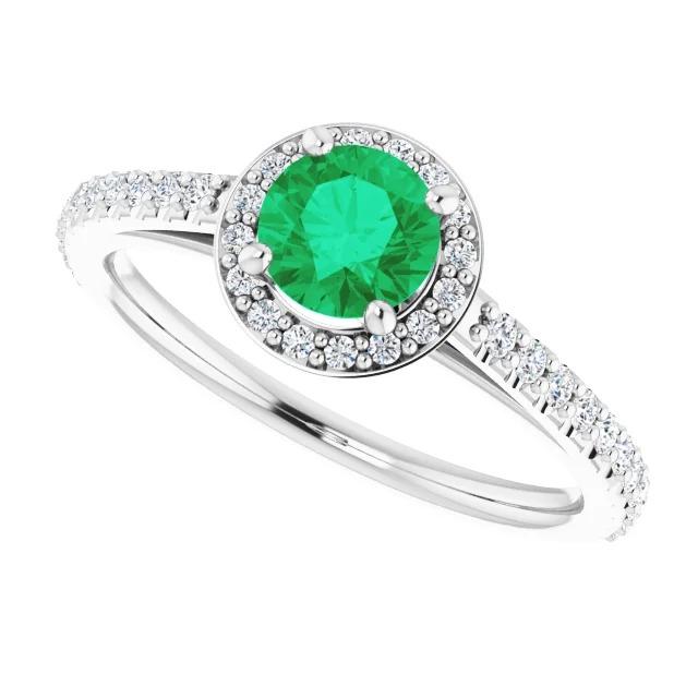 2.50 Carats Ring Round Halo Green Emerald White Gold 14K