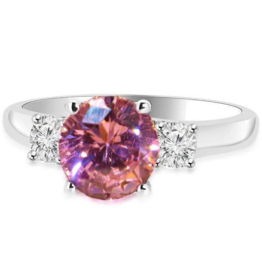 2.50 Carats Round Cut Pink Sapphire Three Stone Ring Gold White 14K