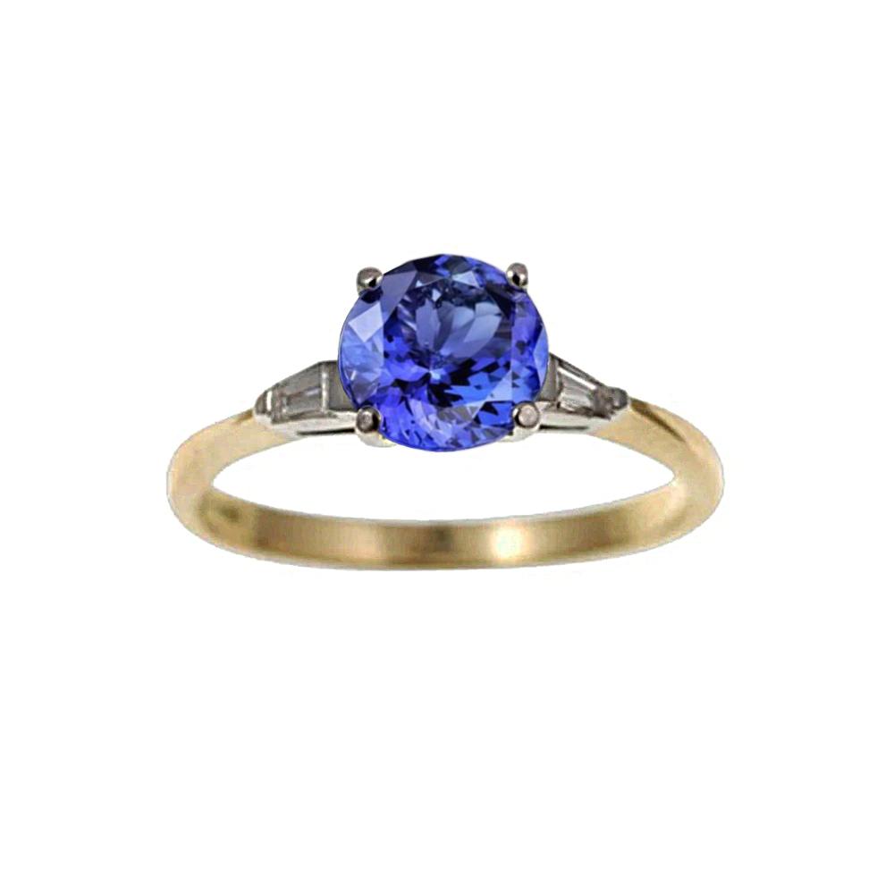 2.55 Carats Tanzanite And Baguette Diamonds Three Stone Ring 14K