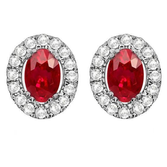 2.60 Carats Red Ruby And Diamond Halo Stud Earring White Fine Gold 14K