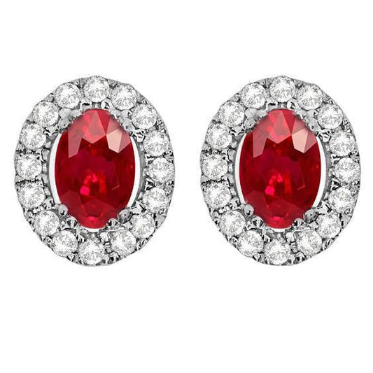 2.60 Carats Red Ruby And Diamond Halo Stud Earring White Fine Gold 14K