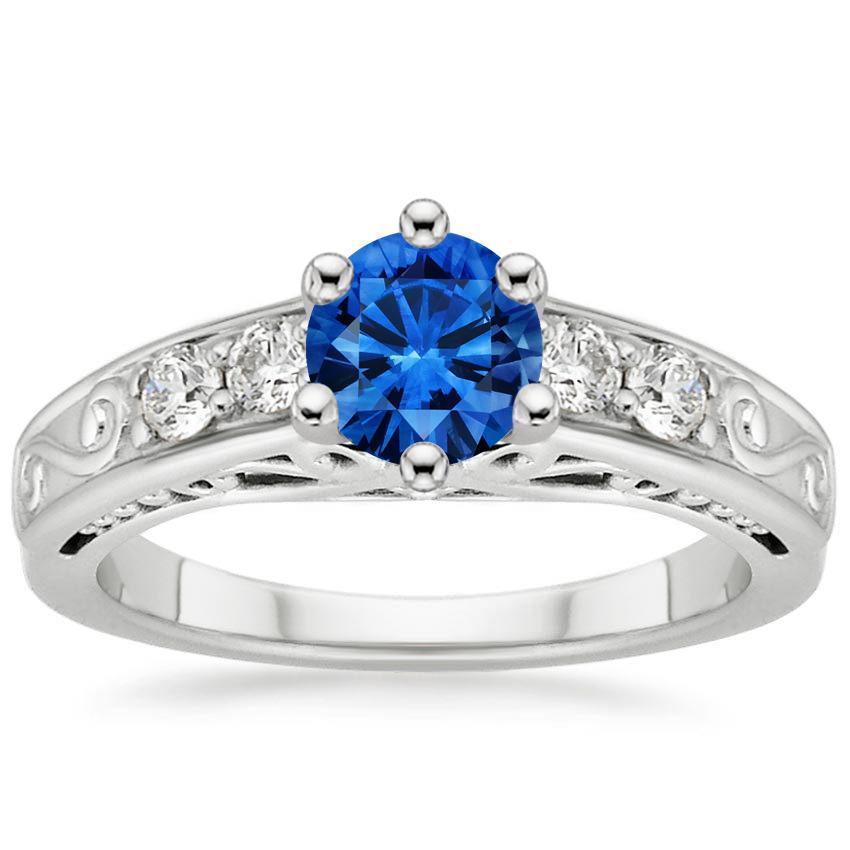 2.60 Carats Round Ceylon Sapphire Diamonds Ring 14K White Gold