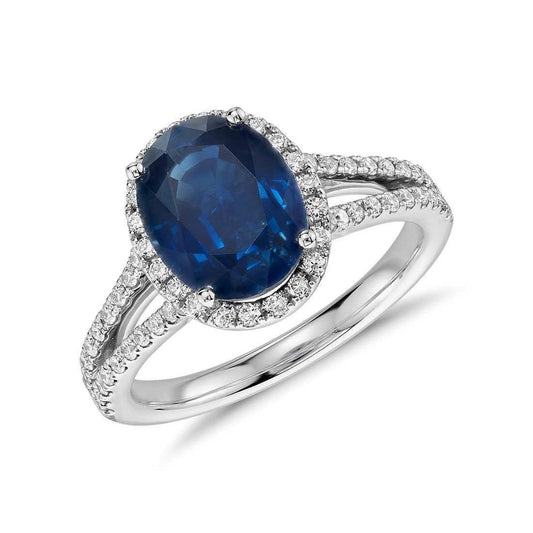 2.66 Ct Blue Oval Sapphire And Diamond Ring White Gold 14K