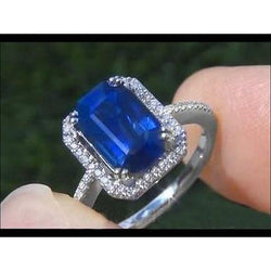 2.70 Carats Blue Emerald Cut Sapphire With Natural Earth Mined Diamond Ring 14K White Gold