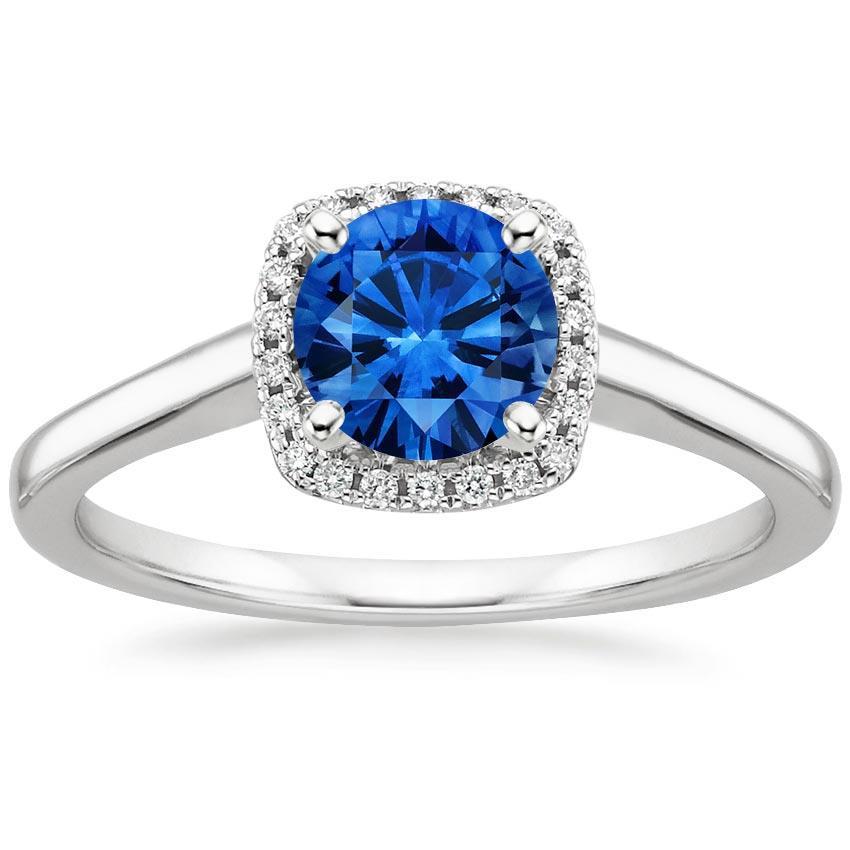 2.70 Carats Halo Ceylon Sapphire Diamonds Ring White Gold 14K