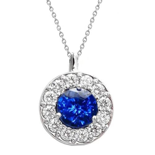 2.70 Ct Blue Sapphire With Diamonds Pendant Necklace White Gold 14K
