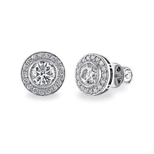 2.72 Carats Round Cut Diamond Halo Lady Stud Earrings Gold White 14K