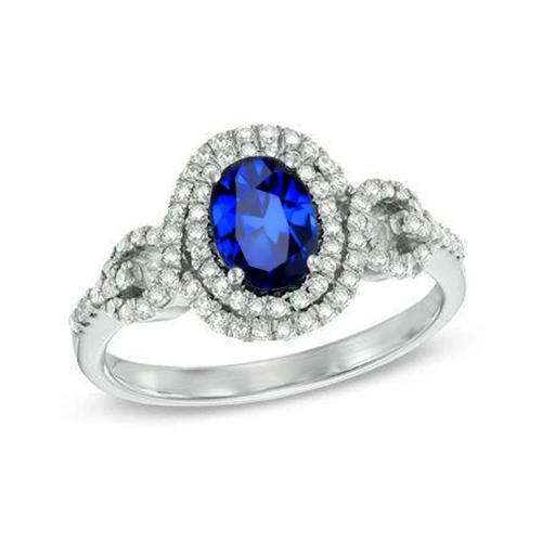 2.75 Carats White Gold Oval Ceylon Sapphire With Round Diamond Ring