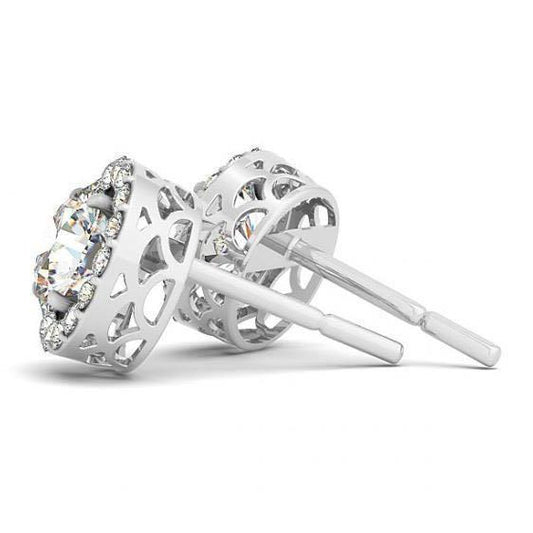 2.80 Carats F VS1 VVS1 Round Diamonds White Gold 14K Studs Pair Halo Earrings