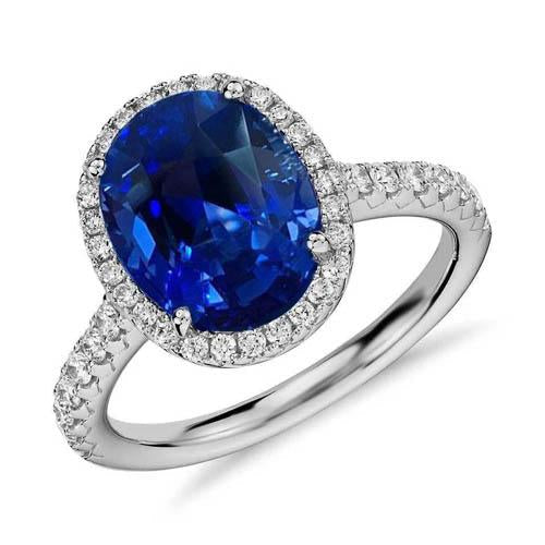 2.90 Carats Oval Blue Sapphire & Round Engagement Diamond Ring WG 14K