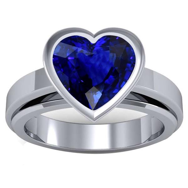 3 Carats Blue Sapphire Solitaire Ring Heart Shaped Bezel Set Gold 14K