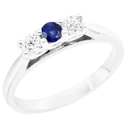 3 Carats Natural Earth Mined Diamond 3 Stone Blue Sapphire Ring Tapered Shank White Gold