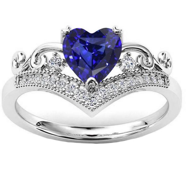 3 Carats Diamond Heart Ring Ceylon Sapphire Crown Style White Gold