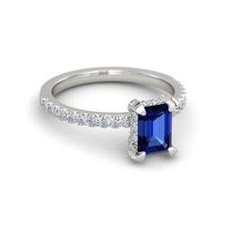 3 Carats Emerald And Round Ceylon Sapphire Natural Earth Mined Diamond Ring Prong Set