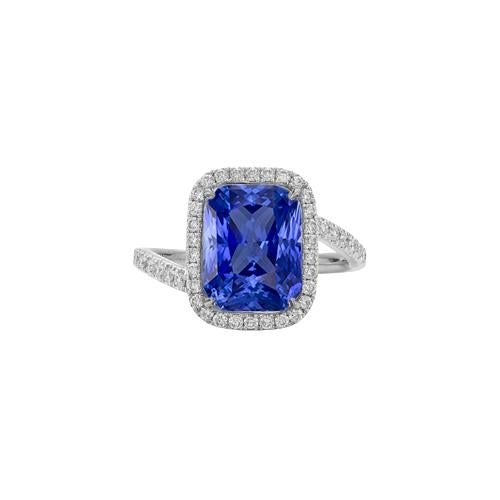3 Carats Halo Blue Sapphire Engagement Ring Tension Style Pave Diamond