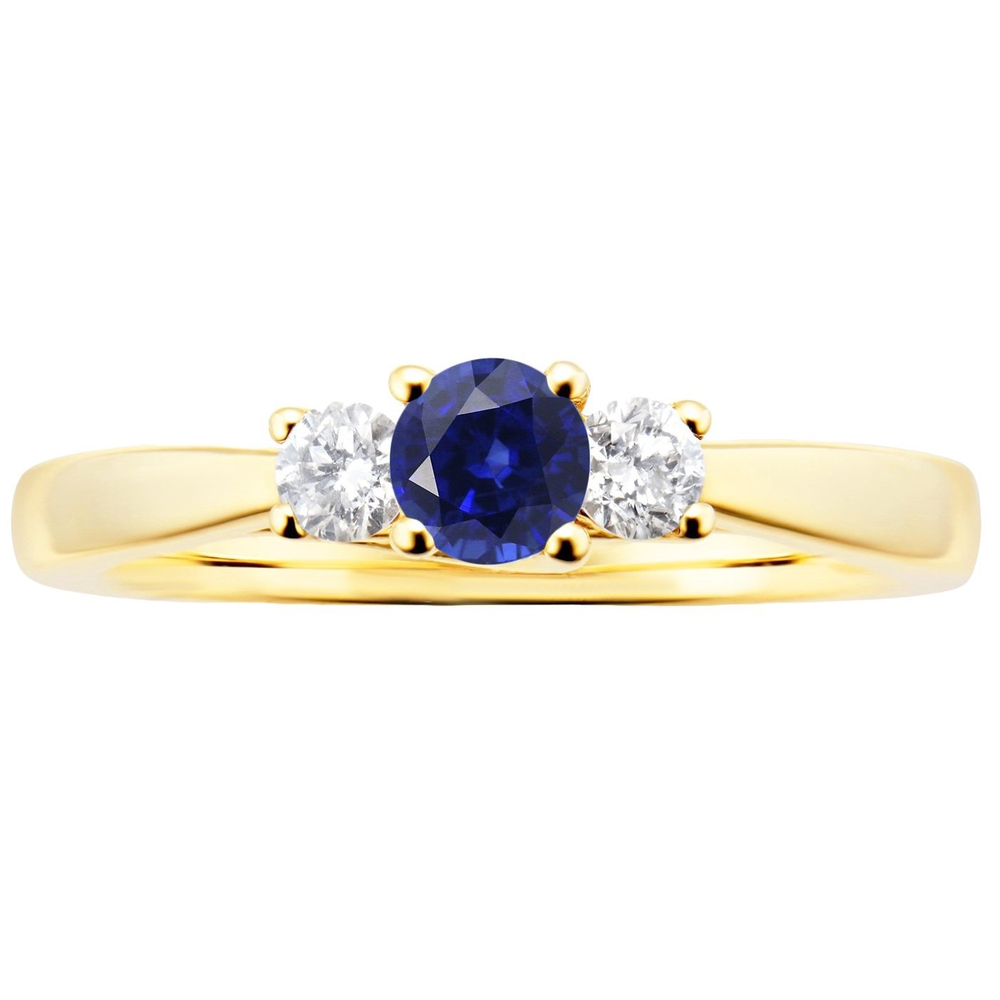3 Carats Round Diamond Sapphire Ring 3 Stone Tapered Shank Yellow Gold
