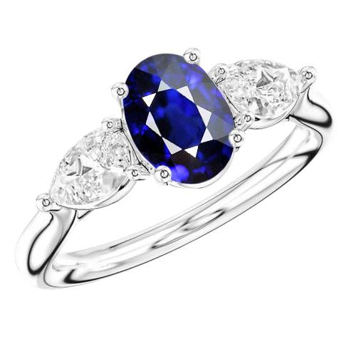 3 Carats Three Stone Oval Deep Blue Sapphire & Pear Diamonds