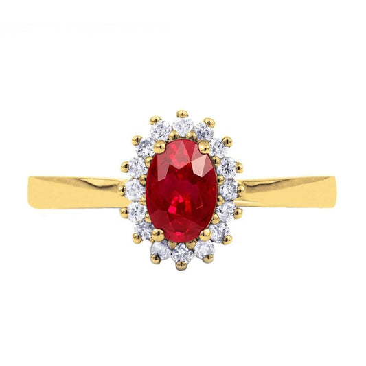 3 Ct Oval Cut Red Ruby And Round Diamond Ring Yellow Gold Jewelry