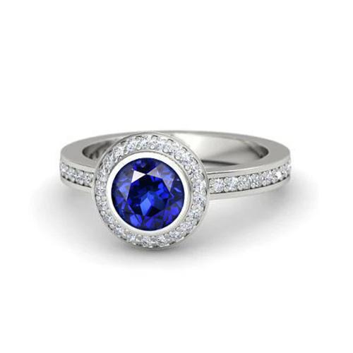 3 Ct Round Cut Ceylon Sapphire Diamonds Ring White Gold 14K