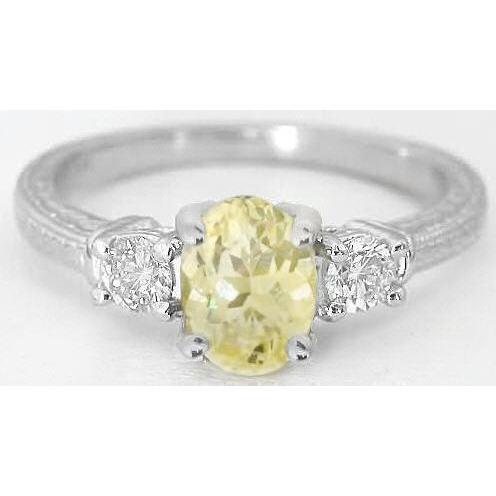 3 Ct Three Stone Yellow Sapphire And Diamonds Ring 14K White Gold