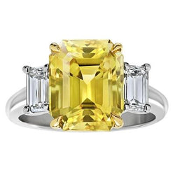3 Stone 4.50 Carats Yellow Sapphire & Diamonds Wedding Ring Gold 14K