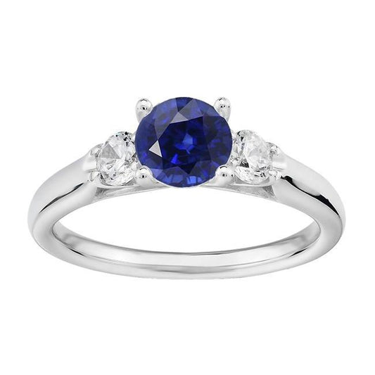 3 Stone Anniversary Ring Round Ceylon Sapphire & Diamonds 1.75 Carats