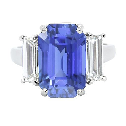 3 Stone Anniversary Ring White Gold Emerald Cut Blue Sapphire 4 Carats