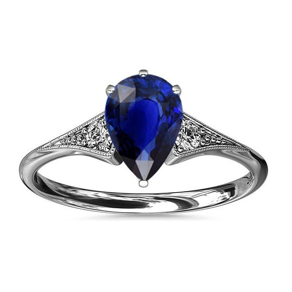 3 Stone Antique Style Blue Pear Sapphire Ring & Diamonds 3.25 Carats