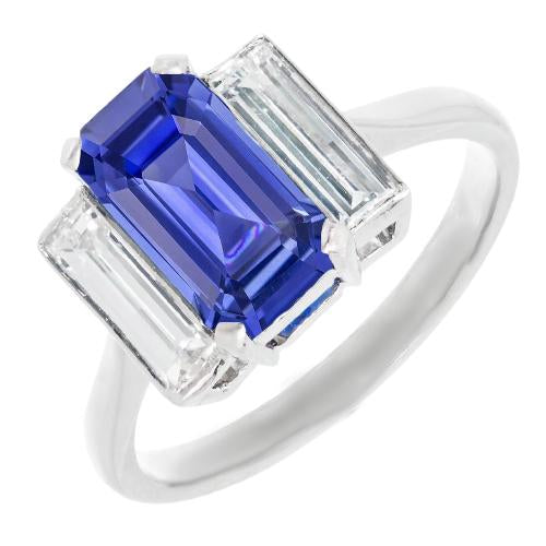 3 Stone Baguette Diamond Blue Sapphire Emerald Cut Ring 3.50 Carats