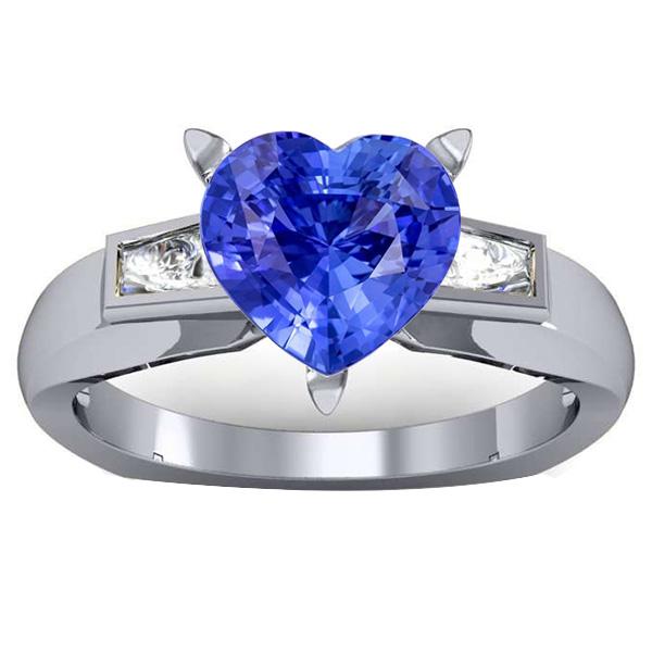 3 Stone Baguette Diamond & Blue Sapphire Heart Shaped Ring 2.75 Carats