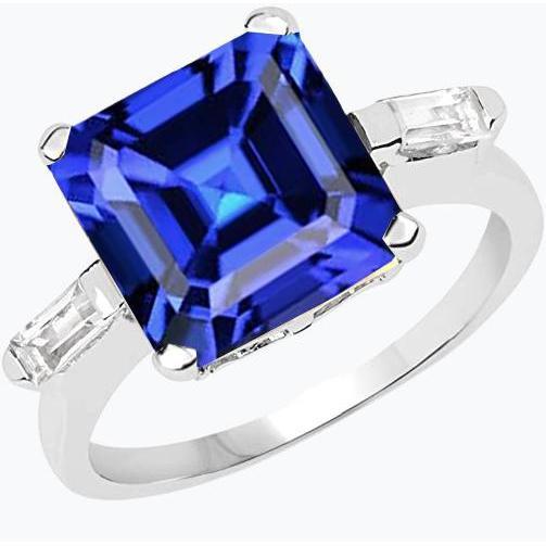 3 Stone Baguette Diamond Ring Asscher Ceylon Blue Sapphire 4 Carats