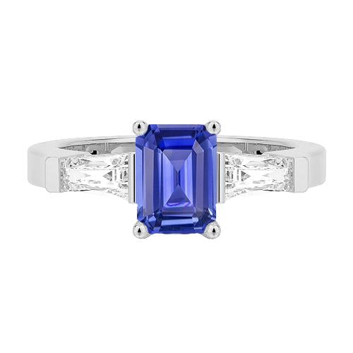 3 Stone Baguette Diamonds Blue Sapphire Ring Emerald Cut 1.75 Carats