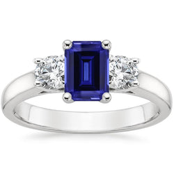3 Stone Blue Emerald Sapphire Natural Earth Mined Diamond Ring 2.50 Carats