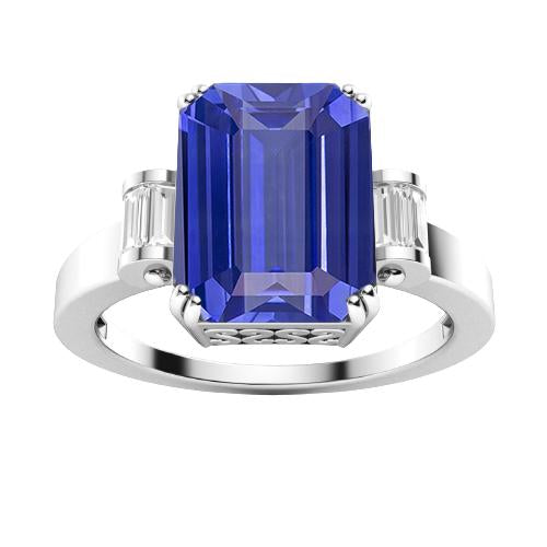 3 Stone Blue Sapphire Emerald Ring 3 Carats Bar Set Baguette Diamonds