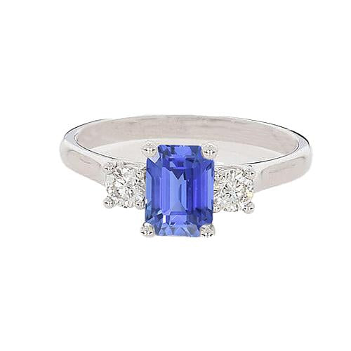 3 Stone Blue Sapphire Emerald & Round Diamond Ring 2.50 Carats
