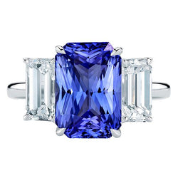 3 Stone Blue Sapphire Ring Emerald Cut Diamonds Prong Set 5.50 Carats