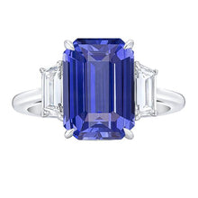 3 Stone Blue Sapphire Ring Emerald & Trapezoid Diamonds 3.50 Carats