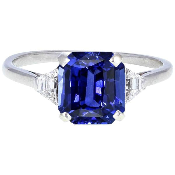 3 Stone Blue Sapphire Ring Emerald & Trapezoid Diamonds 3.50 Carats