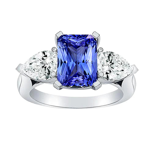 3 Stone Cathedral Setting Pear Diamond Sapphire Ring White Gold