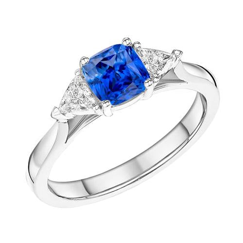 3 Stone Cushion Light Blue Sapphire Ring 1.50 Carats Trillion Diamonds