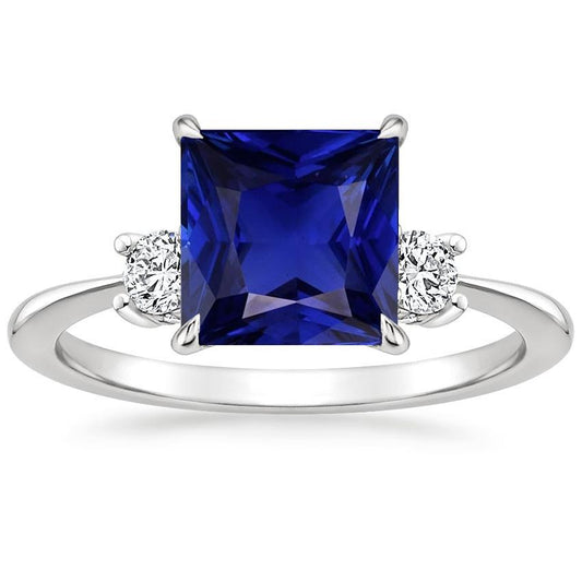3 Stone Diamond & Princess Blue Sapphire Ring Tapered Shank 5.50 Carat