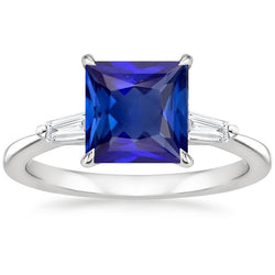 3 Stone Diamond Ring Princess Blue Sapphire & Baguettes 5.50 Carats