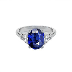 3 Stone Diamond Ring With Oval Deep Blue Sapphire 8.25 Carats Gold 14K